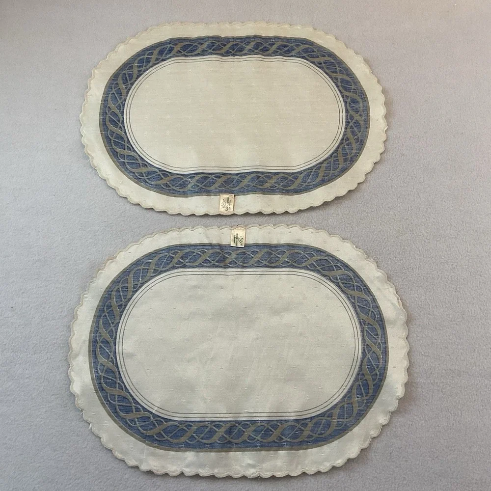 Lenox Hamilton Oval Placemats Cloth Set Of 2 Ivory Gold Navy Blue Vintage Lot #3